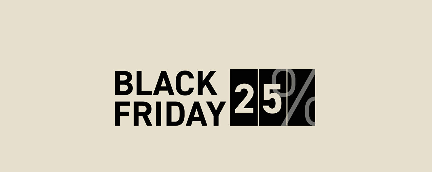 Promotional Black Friday image with the text 'Black Friday 25%', where the discount percentage is displayed in black blocks