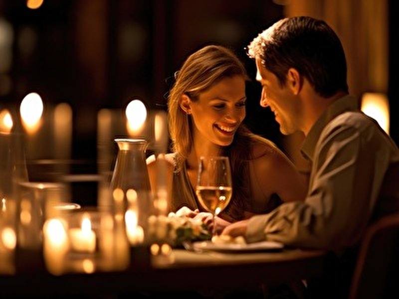Loving couple dining with wine in dimmed light.